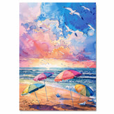 Watercolor Painting of Colorful Beach Umbrellas and Seagulls at Sunset on Ready to Hang 1.5" Thick Canvas Wrap, Floating Framed Canvas, Flat Rolled Canvas